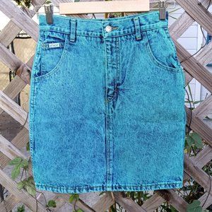 Vintage 80s High Waist Stone Wash Turquoise Denim Pencil Skirt